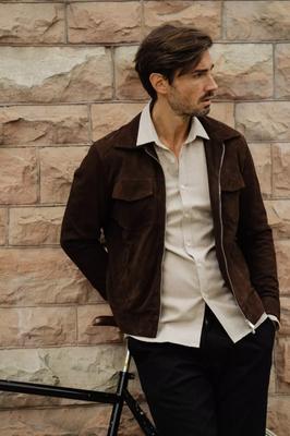 AL KHALID CLASSIC Nová pánská hnědá semišová bunda, 100% měkká, ležérní, slim fit