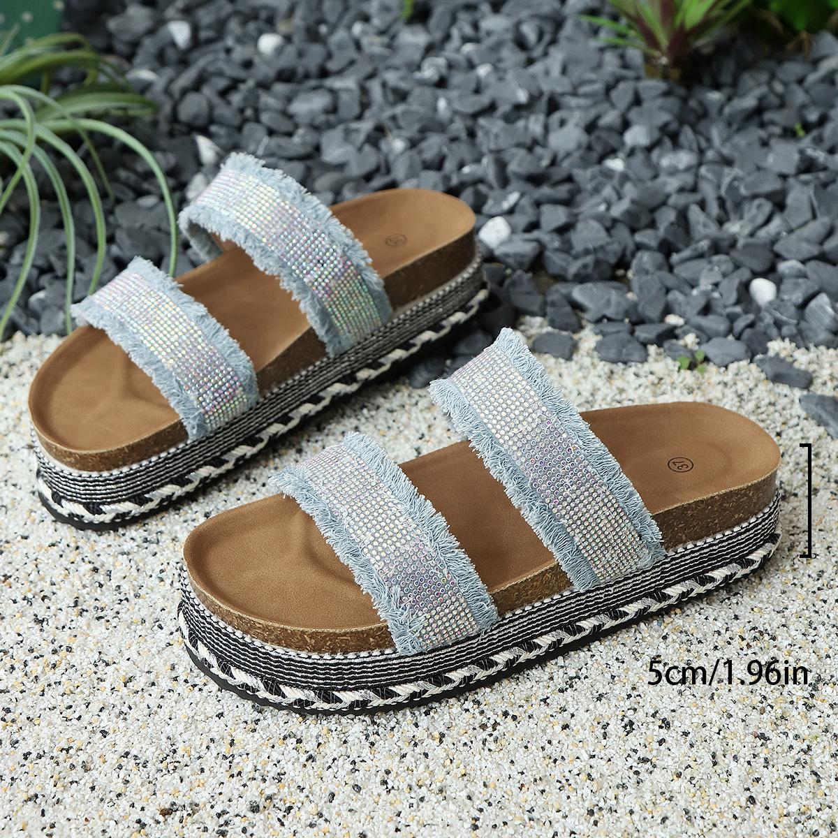 

Thick-soled rhinestones hemp rope bottom cool slippers summer muffin large size European and American cork fringed beach shoes women 43