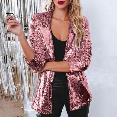Damen-Paillettenmantel, offener Stich, Strickjacke, Umlegekragen, lange Ärmel, einfarbig, formelle Business-Jacke, Büro-Oberbekleidung