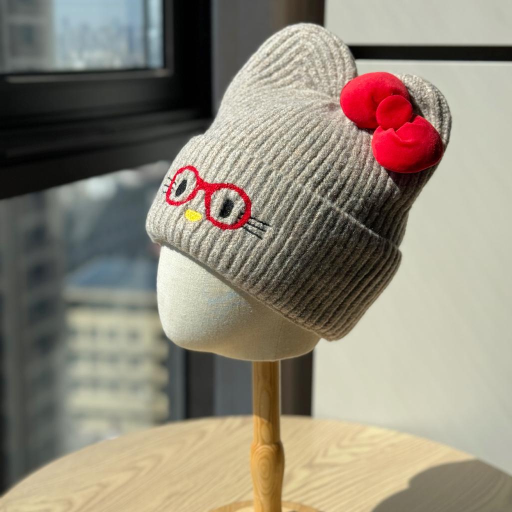 New Autumn and Winter Cute Glasses Bow Wool Hat Women's Fashion Leisure Travel Warm Knitted Hat Cold Hat