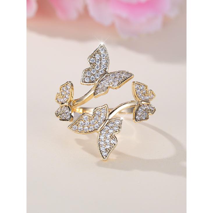 European and American Style Multi-layered, Three-dimensional Butterfly Cubic Zirconia Ring Adjustable Open Gold Ring Jewelry