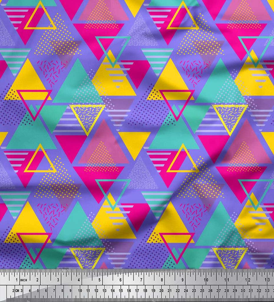 Soimoi Black Japan Crepe Satin Fabric Triangle Art Geometric Print Fabric by the Metre 42 Inch