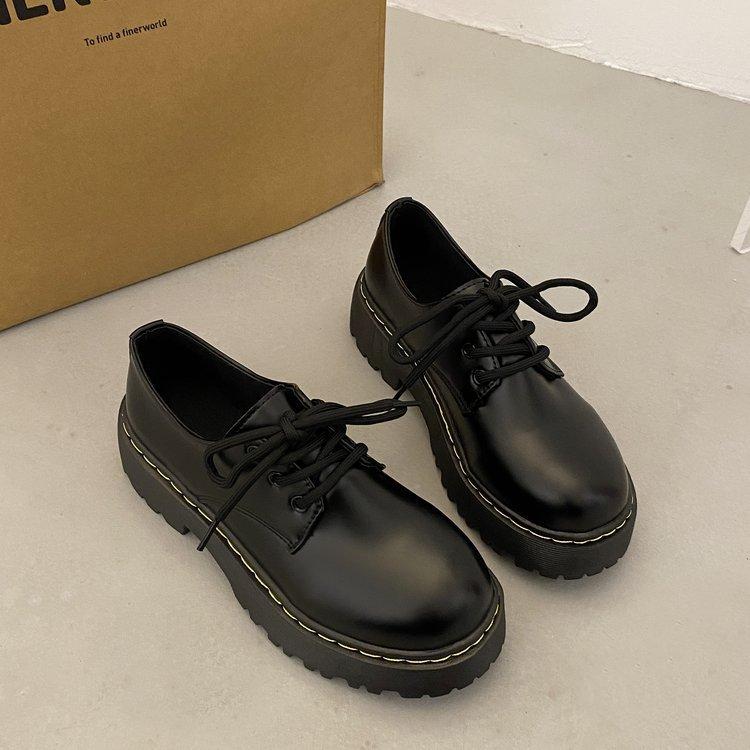 

Маленькие кожаные туфли на толстой подошве, увеличивающие рост, для женской весны и осени, новые, с круглым носком, на шнуровке, в японском стиле софт-герл 38 чёрный