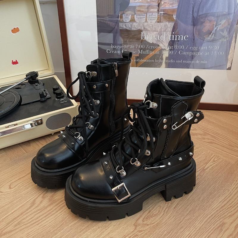Fashion 2025 New Women's Rivet Chain Design Short Boots Gothic Shoes Street Fashion Lady Rock Boots Metal Decor Punk Style Women Shoes