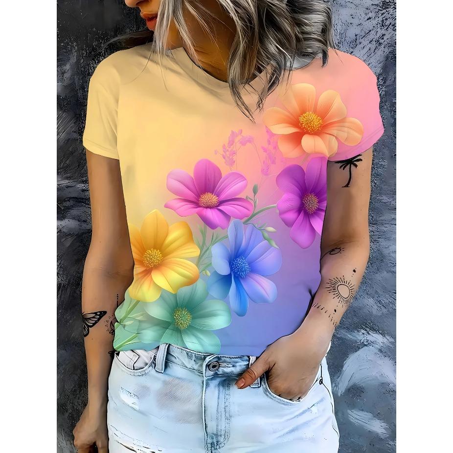 Plus-Size Women's Breathable Stretchy Short Sleeve Crew Neck T-Shirt - Vibrant 3D Floral & Butterfly Print, Summer Casual Daily Ladies T Shirts