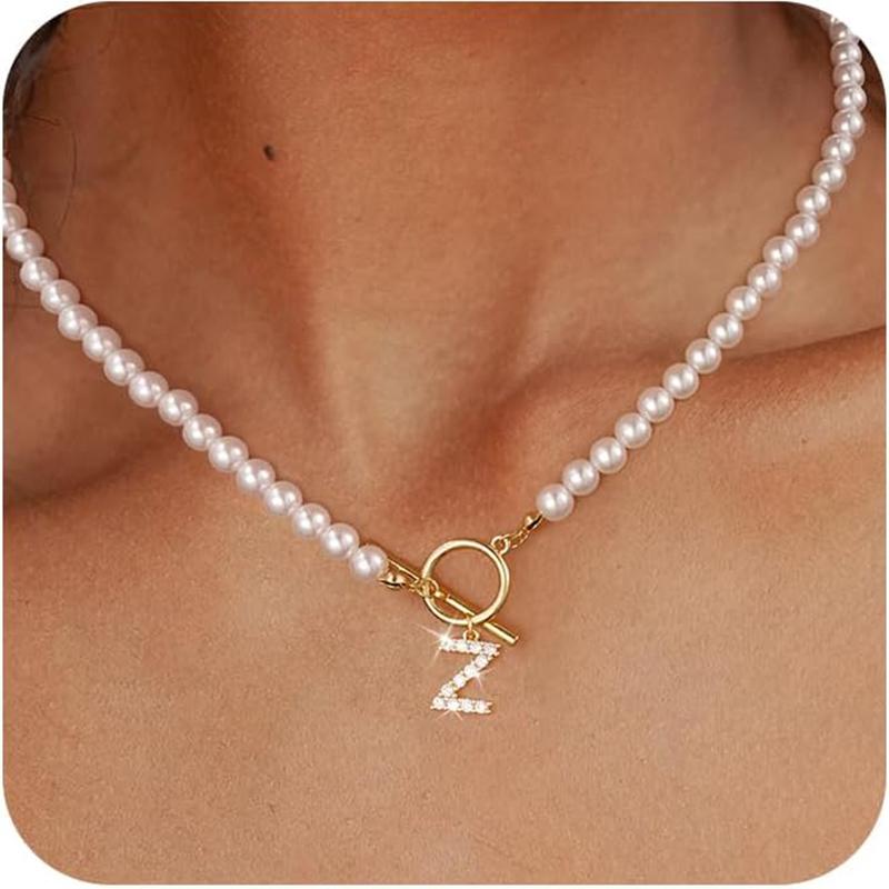 Rhinestone Letter Imitation Pearl Choker Necklace For Women Gold Plated Crystal Initial Pendant Necklace