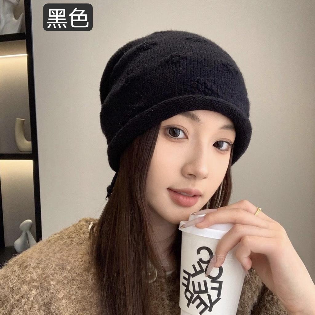 Pile Hats Women's Autumn and Winter Versatile Warm Hemming Knitted Cold Hats Big Head Circumference Showing Face Small Wool Hats