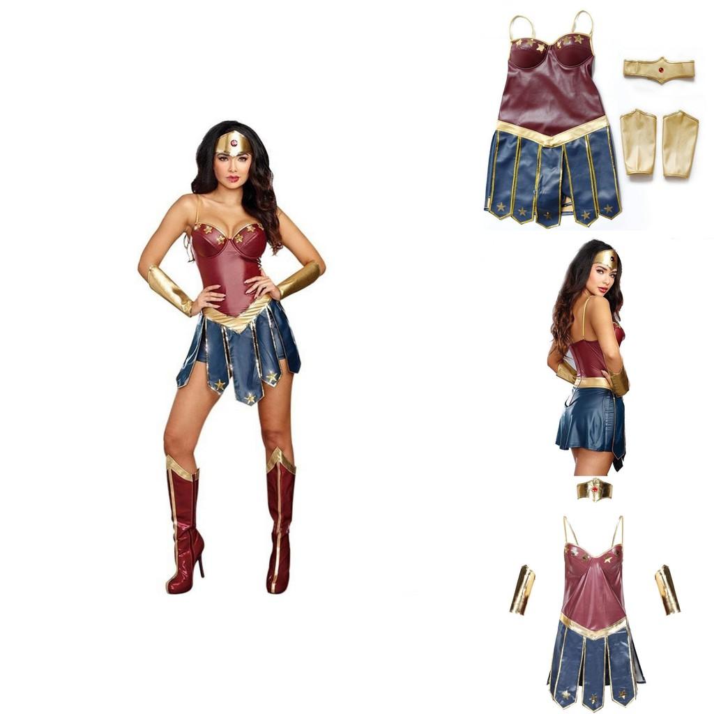Costume da Supereroina Sexy Wonder Woman in Tessuto di Nylon per Halloween e Feste in Costume