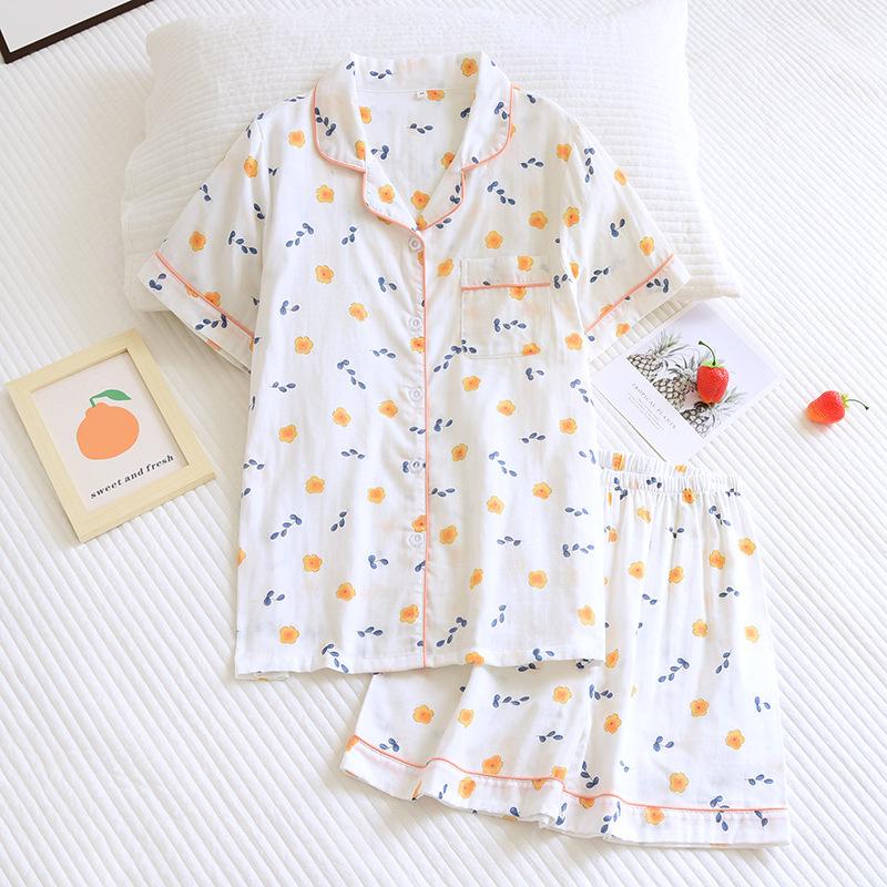 Japonská jednoduchá krátká pyžama dámská 100% bavlna krátké rukávy dámské pyžamové soupravy šortky Roztomilé kreslené oblečení na spaní dámské domácí oblečení