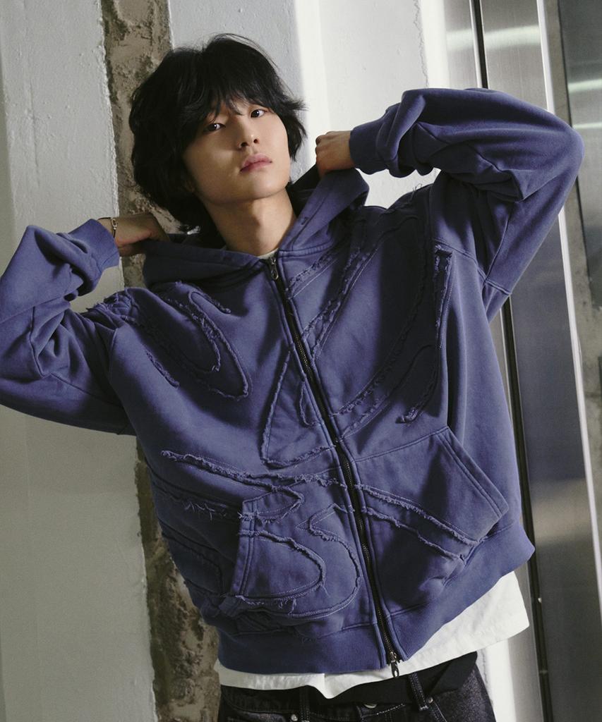 Travel Logo Applique Pigment Zip-Up Hoodie Blue Shadow