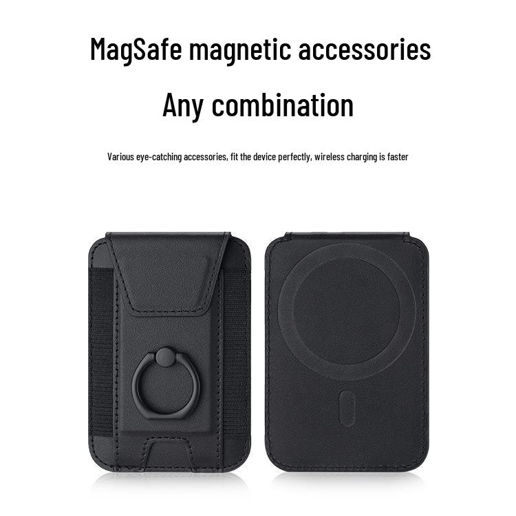 Magnetic Card Holder with Finger Ring & Elastic Band for iPhone 12/13/14/15 Magsafe