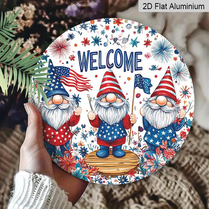 2D Flat, 1pc 4th of July Wreath Gnome Welcome Door Decor, Patriotic Bow Round Aluminum Decorative, American Star Flag, Weatherproof Metal Wall Decor