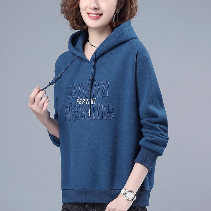 

2024 Осень/Зима Флисовая Толстовка с Капюшоном для Женщин Среднего Возраста - Корейский Свободный Крой, Модная и Теплая L (105-115 jin) синий