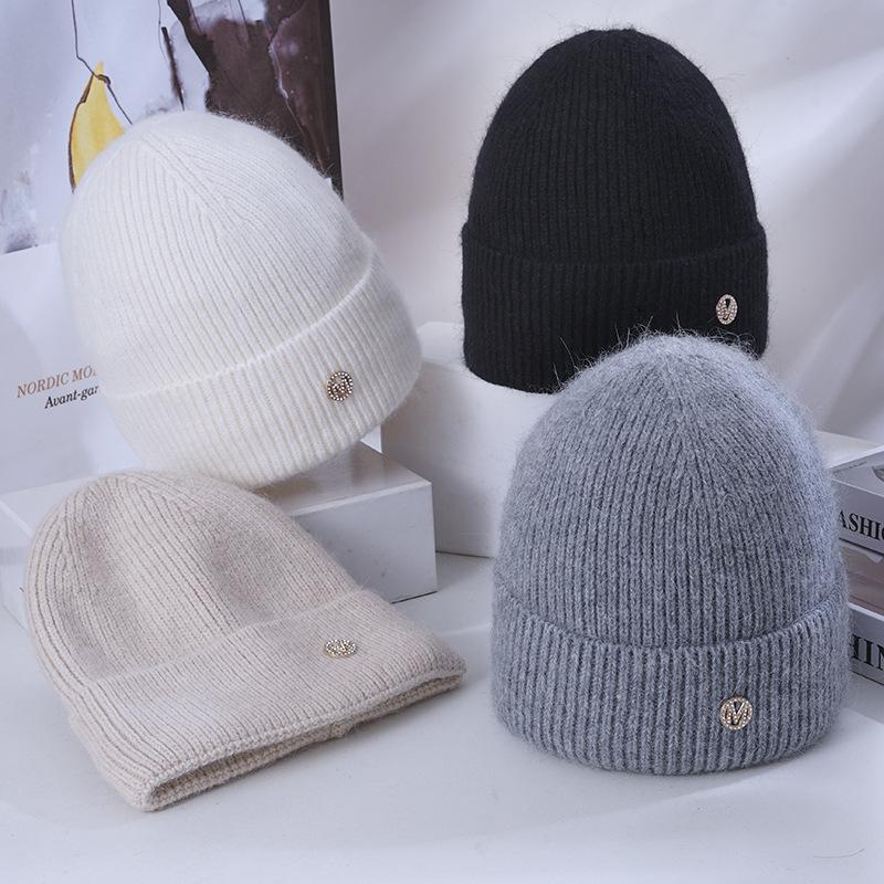 New Warm Rabbit Wool Knitted Hat for Women for Women Korean Style Versatile Plus Velvet Thickened Face with Small Windproof Ear Protection Wool Hat