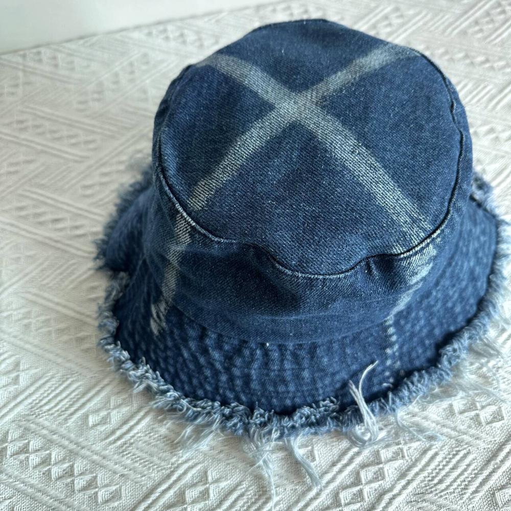 Fischerhut aus gewaschenem Denim, Vier-Jahreszeiten-Hut mit rauem Rand, Einfarbiger Damen-Sonnenhut