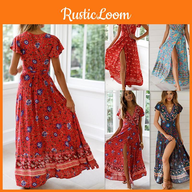 Elegant Women Wrap Summer Boho Floral Short Sleeve Maxi Print Dress For Holidays
