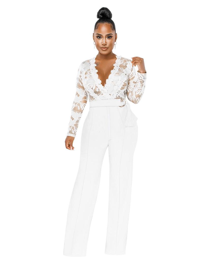 Elegant V-Neck Lace Slim Fit See-Through Jumpsuit