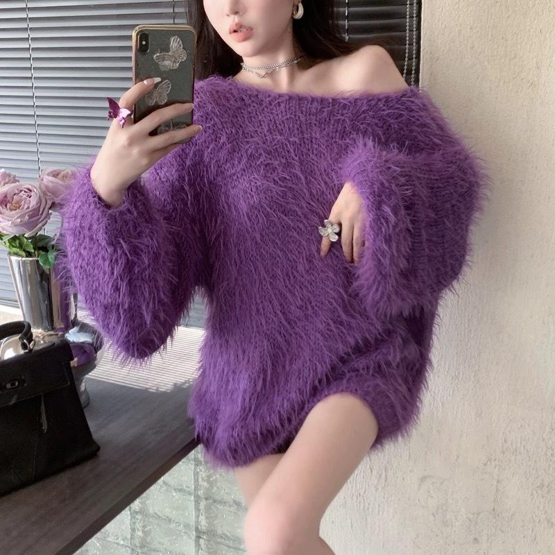 Dámský pletený svetr se svetrem s lodním límcem a volným svetrem z umělého norkového sametu