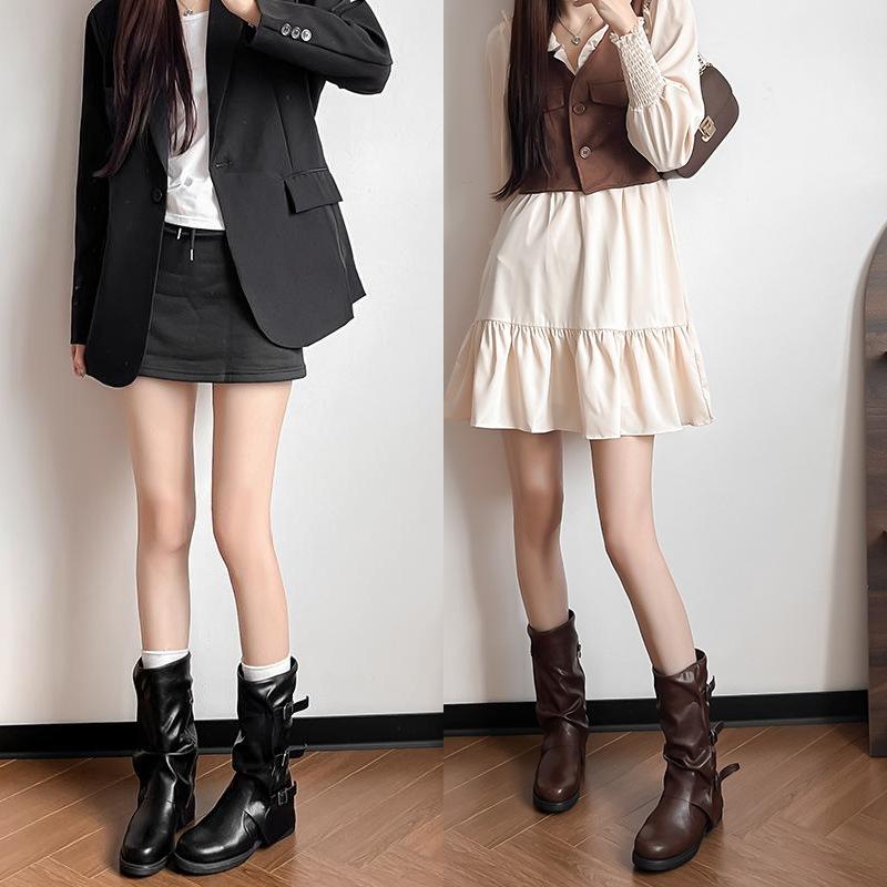 Belt Buckle Pleated Medium Boots Women's Autumn and Winter Outer Wear Retro Punk Side Zipper Trouser Tube Boots Western Style Cowboy Boots