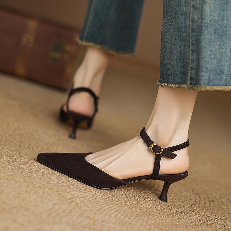 Fashion 2025 Summer Sandals Genuine Leather Fashion Women Shoes Pointed Toe High Heel Women Pumps Cover Toe Sandals for Women Handmade