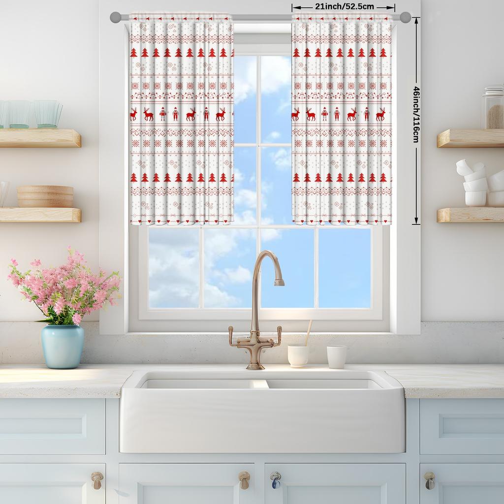 2pcs Christmas Deer Forest Pattern Printed Curtain for Home Decor - Rod Pocket Window Treatment for Bedroom, Office, Kitchen