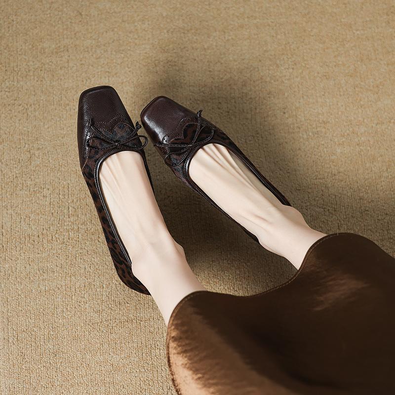 Fashion 2025 New Spring/summer Mary Jane Shoes Genuine Leather Shoes for Women Fashion Leopard Print Square Toe Women Flats Shoes