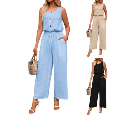 Sleeveless Wide Leg Jumpsuit for Women Casual Loose Fit Drawstring Waist Long Pants Button Front Romper Summer Outfit