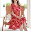 Summer new horn sleeves short sleeves V neck floral thin waist temperament fashionable Korean version A word dress women