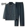 2Pcs/Set Men Pajamas Set Plaid Print Lapel Long Sleeve Single Breasted Shirt Elastic Waist Long Pants Set Loose Fit Loungewear Suit