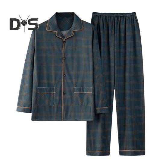 2Pcs/Set Men Pajamas Set Plaid Print Lapel Long Sleeve Single Breasted Shirt Elastic Waist Long Pants Set Loose Fit Loungewear Suit