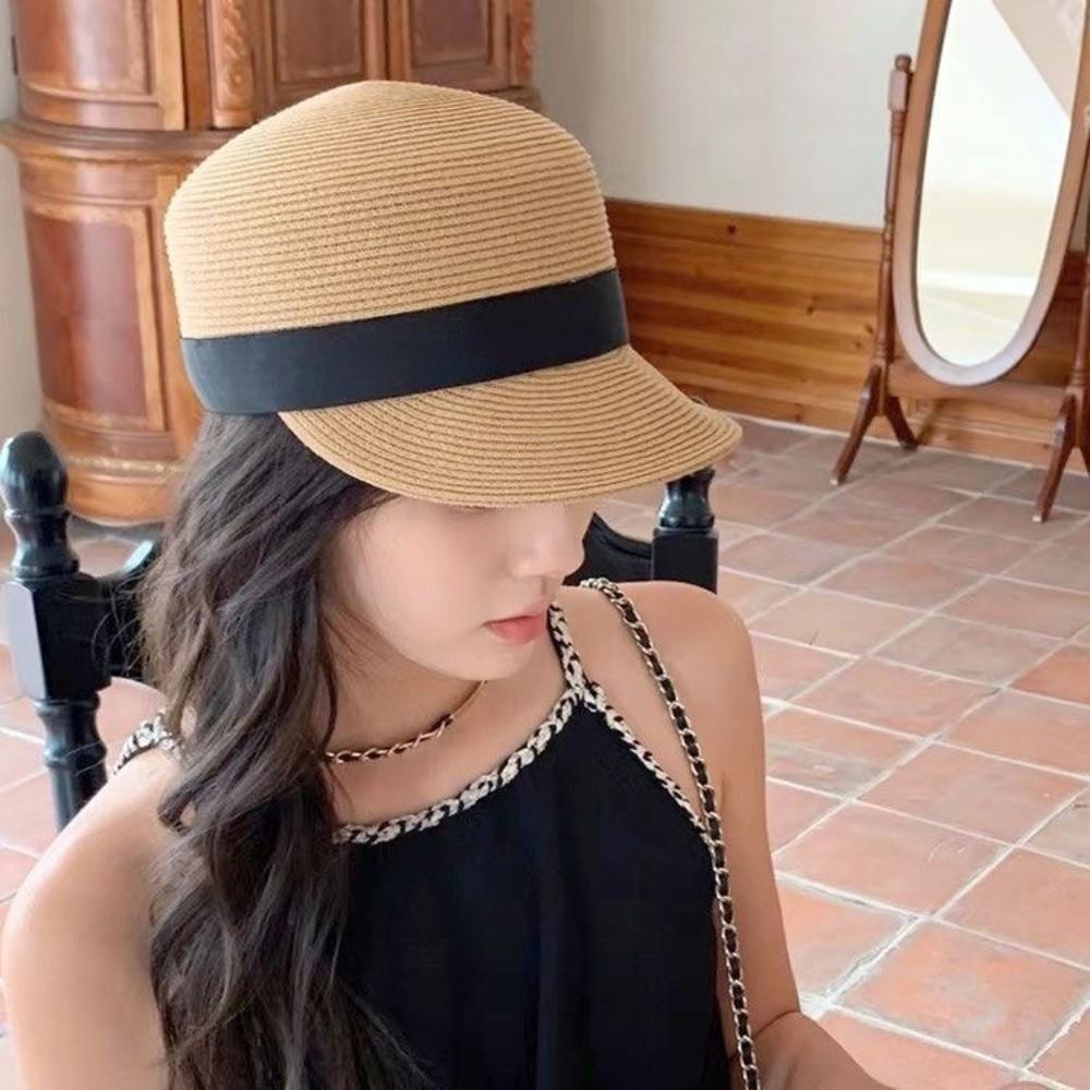 Grass Woven Shading Cap Bow Shaped Sun Hat Elegant Duckbill Hat  Summer