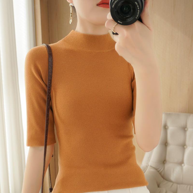 Women's Slim Fit Autumn Knit Sweater with Half High Neck & Mid-Sleeves