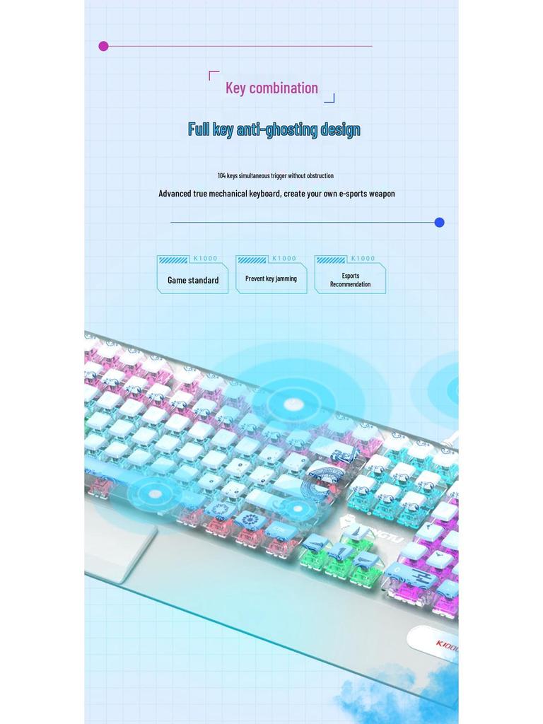 Langtu K1000 Mechanical Keyboard - Blue, Black, Brown, Red, Silver Switches, Esports Gaming for Girls, Office Wired, Custom Transparent Design