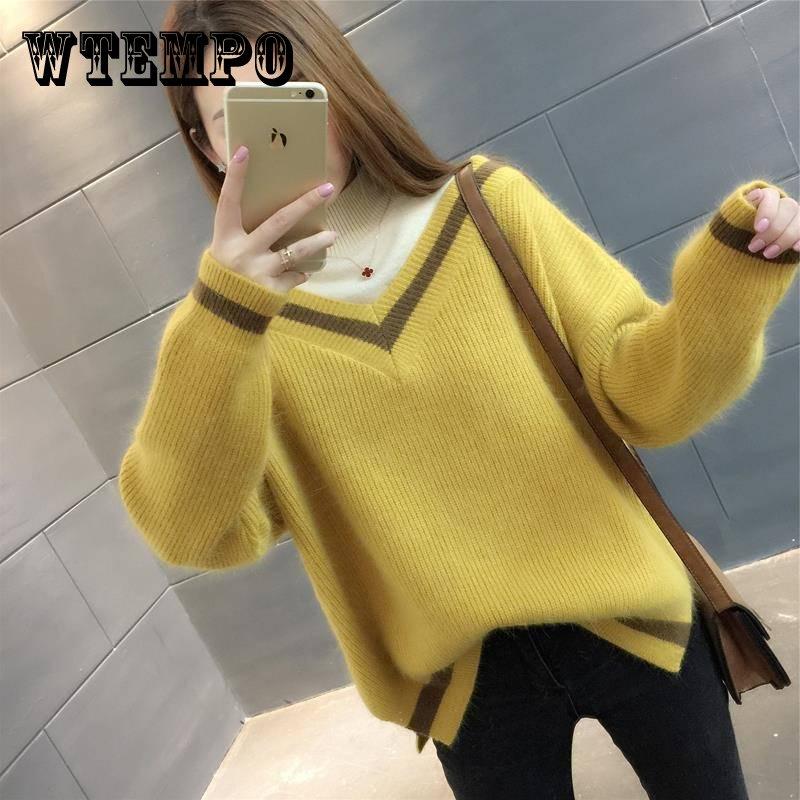 

Pofulove осень-зима полуводолазка в студенческом стиле пуловер свитер искусственные два свитера женские свободные