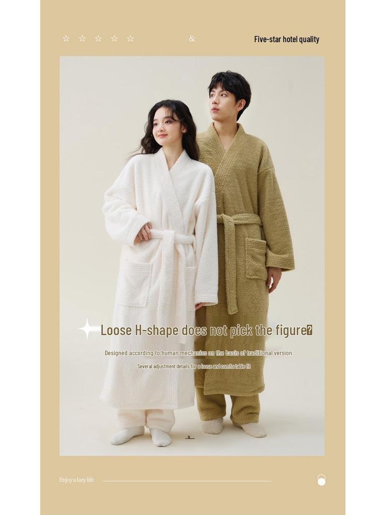 Unisex Coral Fleece Velvet Nightgown - Autumn/Winter Extended Bathrobe for Couples