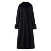 Women's Turn Down Collar Long Sleeve Wool Coat Fitted Waist Faux Fur Trim Maxi Coat Winter Outerwear