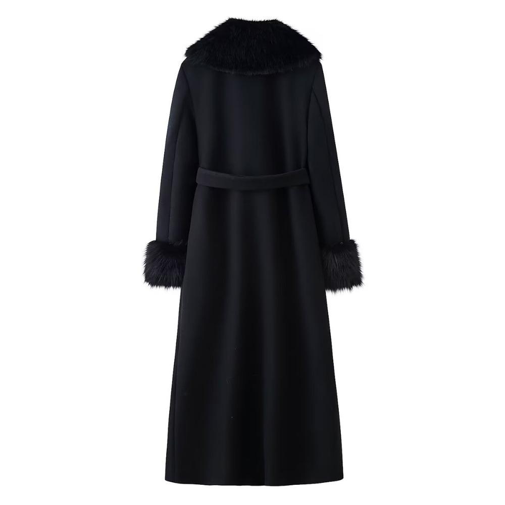 Women's Turn Down Collar Long Sleeve Wool Coat Fitted Waist Faux Fur Trim Maxi Coat Winter Outerwear