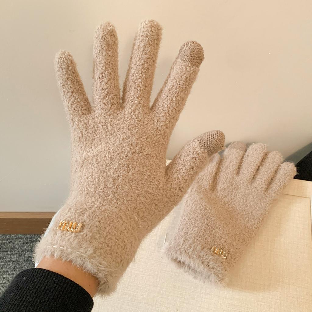 Simple solid color plush five-finger plush warm gloves women's winter versatile riding windproof and cold-proof can touch the screen students