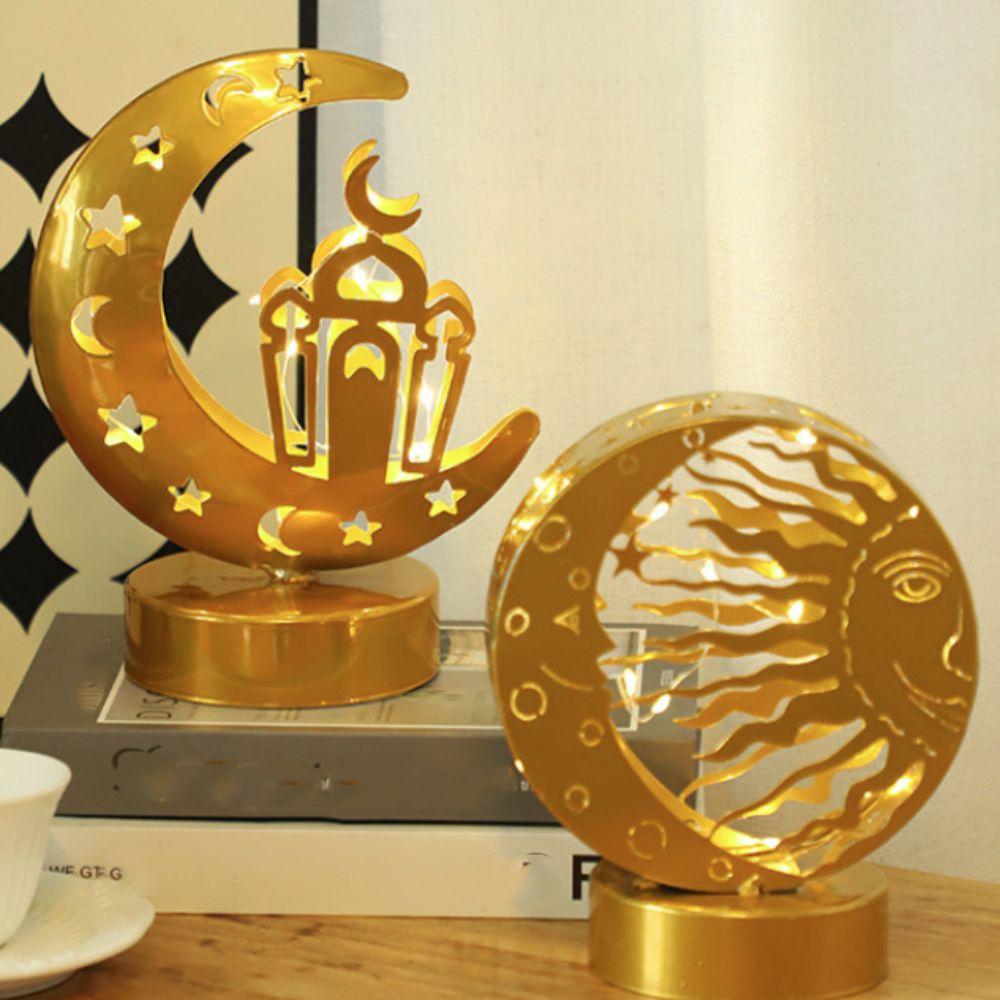 Gold Ramadan Night Light Crescent Pattern Ramadan Desk Ornament Moon Castle LED Light  Living Room
