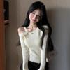 Korean Irregular Diagonal Collar Three-dimensional Flower Knitted Sweater Women's Sweet and Spicy Off-the-shoulder Fungus Edge Versatile and Thin 