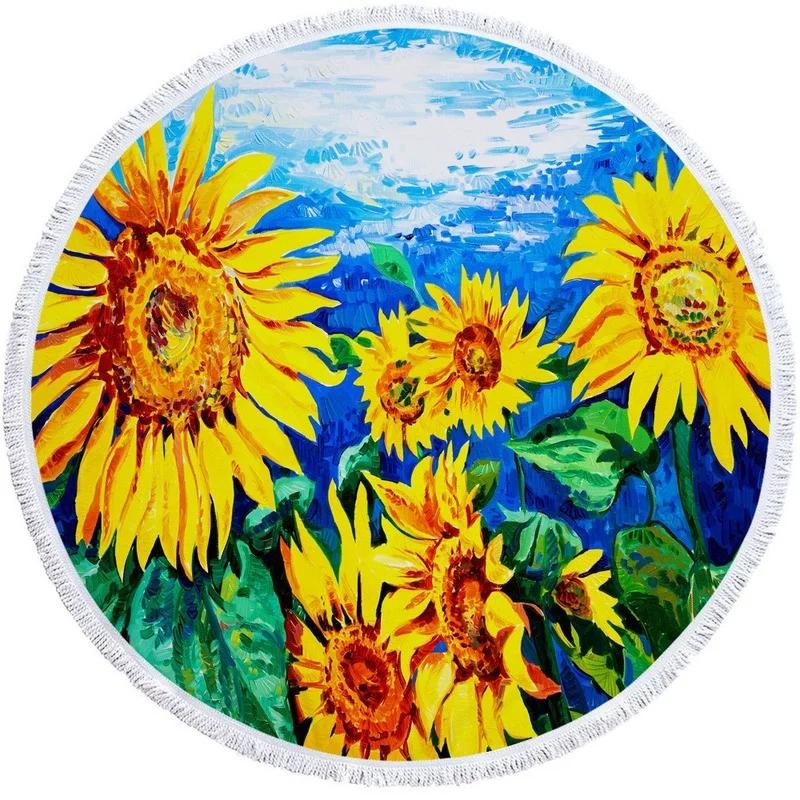 Sunflower Printed Round Beach Towel Home Decorations Furnishing Bedroom Microfiber Travel Camping Yoga Shawl Mat Bath Towel