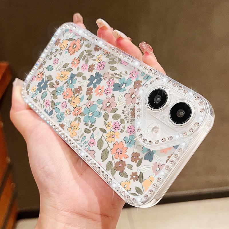 Flower Pattern Clear Soft Silicone Case For iPhone 16E 16 Pro Max 15 Pro 14 13 12 11 Diamond Frame Shockproof Transparent Phone Cover