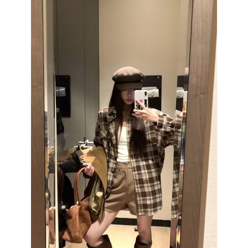 

Fancy Retro Deerskin Brown Outwear Women s Clothing Fall Loose Black with a Turn-down Collar Jacket Long Sleeve Cardigan Top Curry Gingham Shirt S