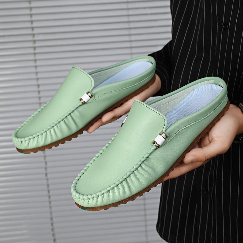 Fashion Handmade Casual Leather Slippers Men Summer Beach Slides Sandals Fashionable Outdoor Male Muller Shoes Non Slip Comfy Half Drag