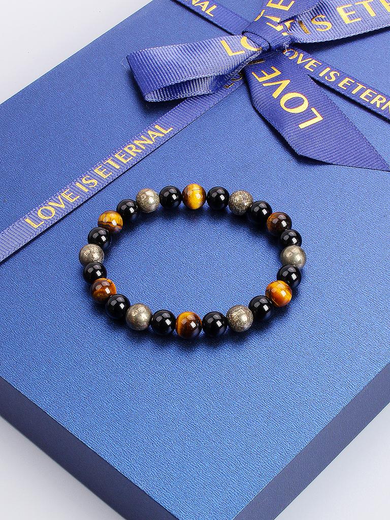 Triple Protection Natural Stone Beads Bracelet Tiger's Eye for Courage Obsidian for Grounding & Pyrite for Wealth Health Jewelry