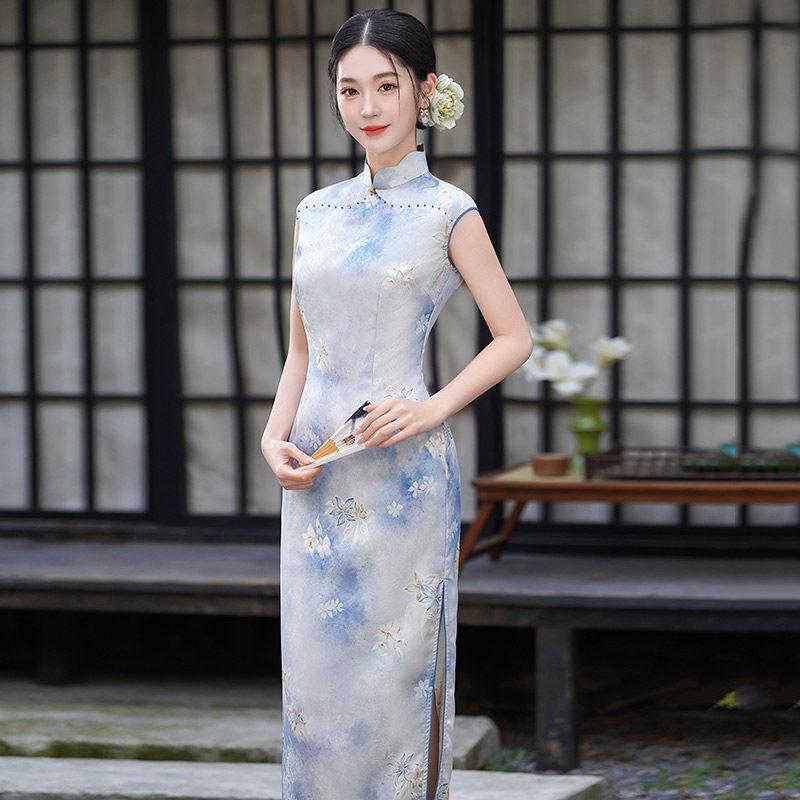Blue national style new Chinese style Suzhou sleeveless long cheongsam improved young 1011 new women's high-end catwalk