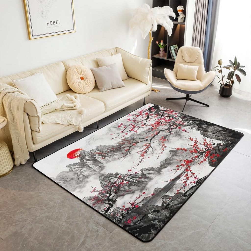 Japanese Ukiyo-e Great Wave Crane & Cherry Blossom Print Area Rug, Non-Slip Floor Mat for Living Room Bedroom Home Decor Carpet