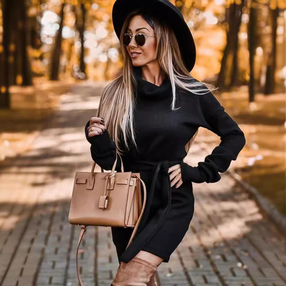 Rolák Pás Dlouhý rukáv Podzim a Zima Y2K Retro Módní Estetika Klub Párty Sexy Žena Retro Dívčí Oblečení Černé Šaty