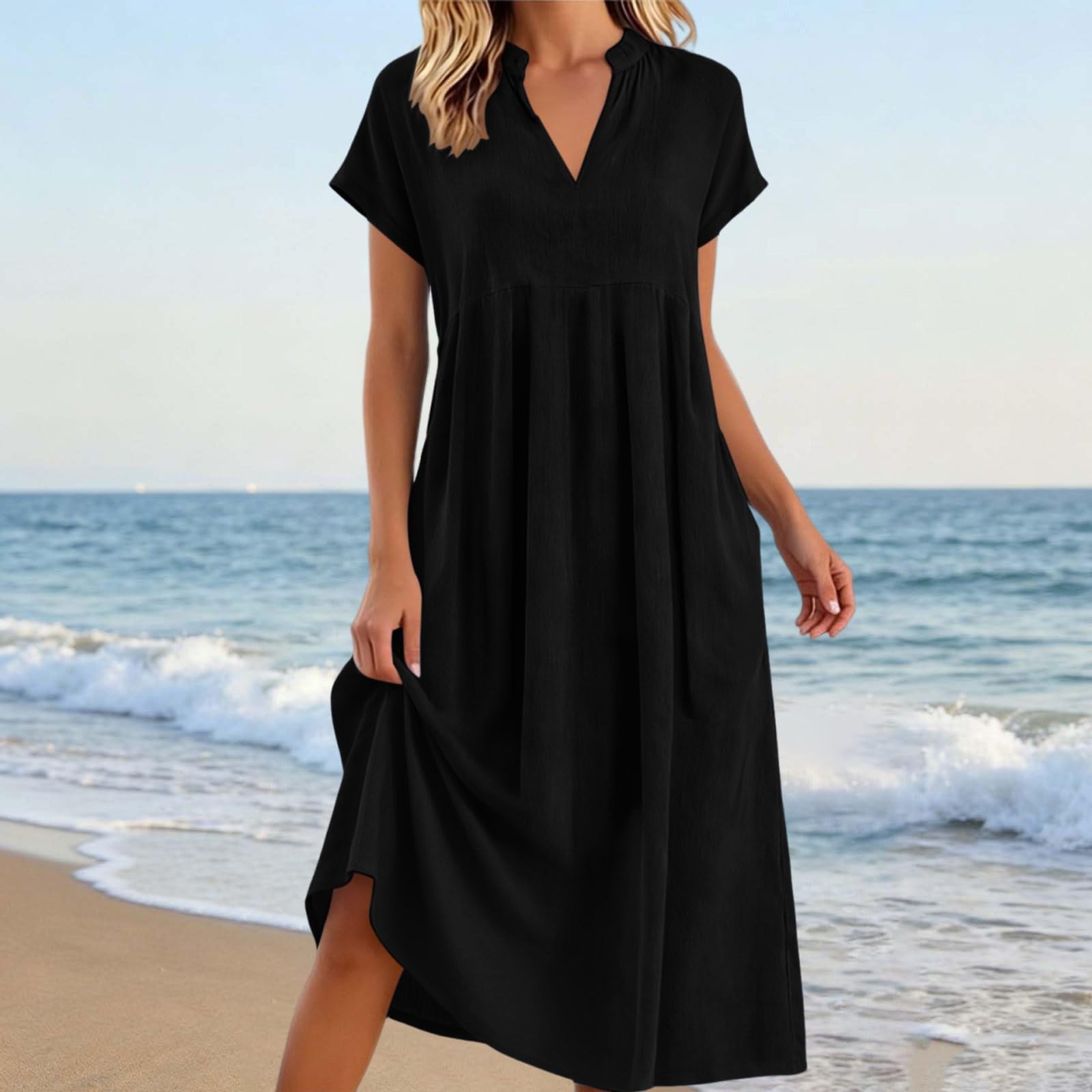 Women s Summer Casual Loose-Fitting -Color Dress S чёрный