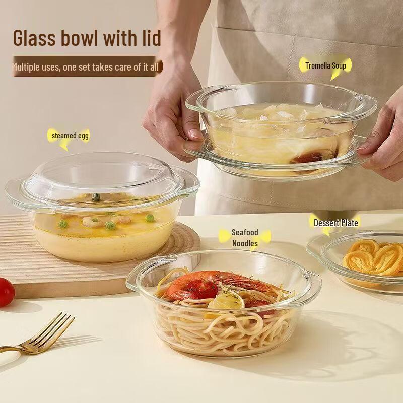 Microwave-Safe Borosilicate Glass Bowl with Lid & Double Handles
